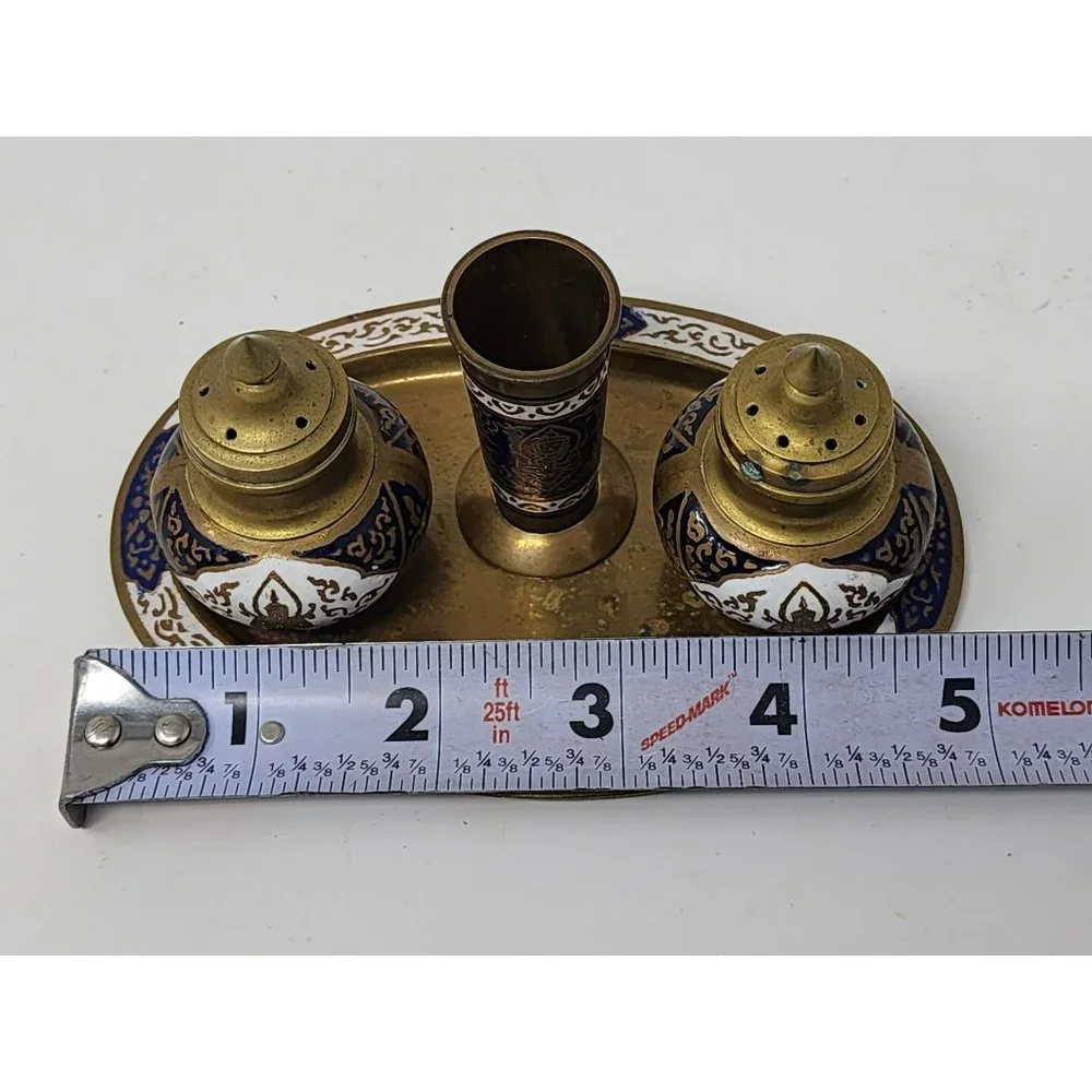 Vintage‎ Brass Gold Salt And Pepper Shakers Tray Toothpick Holder Unmarked
